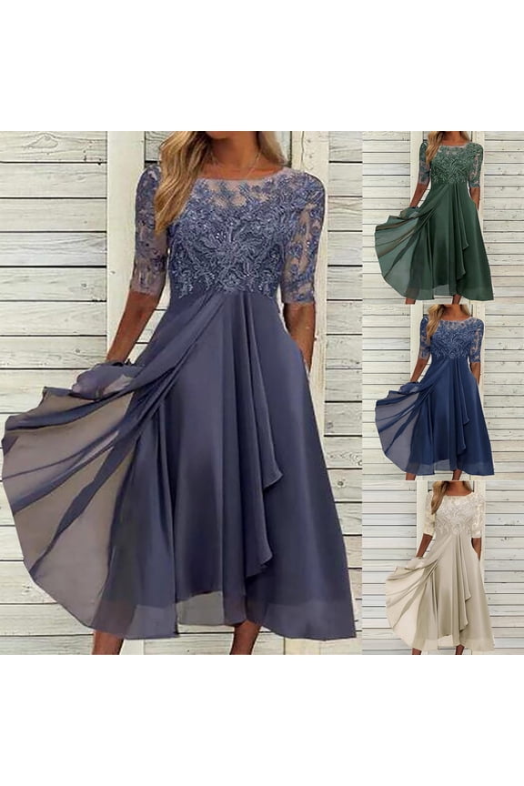 Women's Lace Chiffon Maxi Dress 3/4 Sleeve Hollow Out Patchwork Evening Gown Formal Wedding Guest Bridesmaid Dress for Party Events