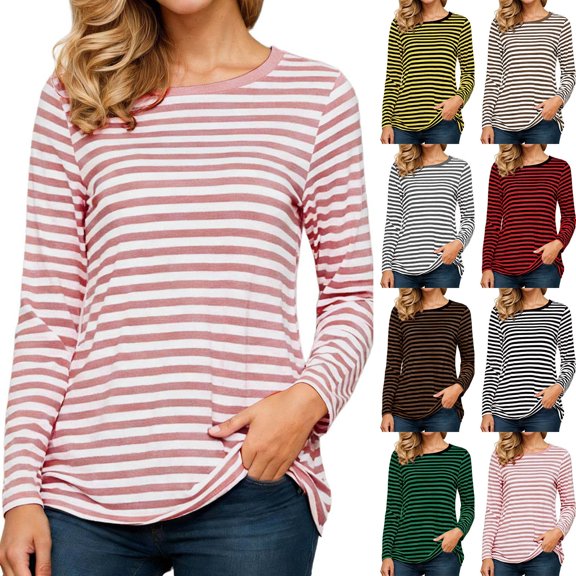 LINGLANG Women’s Lightweight Striped Long Sleeve Tee Crewneck Casual Pullover Top for Fall and Winter under $5