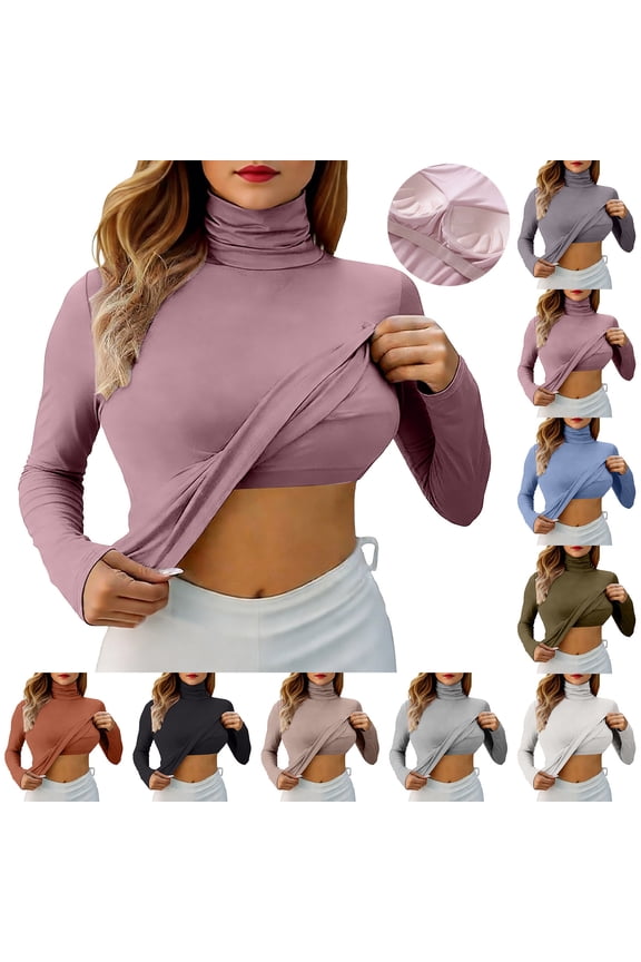 Women’s Modal Built in Bra Turtleneck Long Sleeve T-Shirt Slim Fit Soft Stretch Thermal Base Layer Top Wireless Support Comfortable Everyday Innerwear