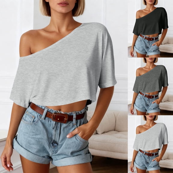LINGLANG Women’s One Shoulder Short Sleeve T-Shirt Solid Color Slim Fit Summer Fashion Top