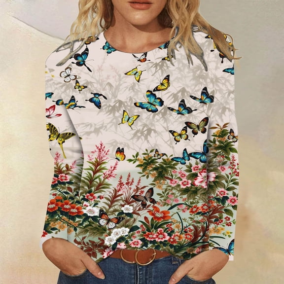 LINGLANG Women’s Printed Long Sleeve T Shirt Casual Crewneck Graphic Top for Everyday Wear under $5