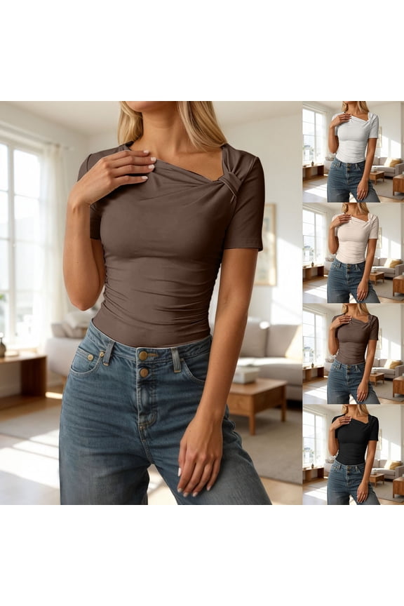 Women's Regular Fit Short Sleeve T-Shirt Summer Designer Top Solid Color Structured Shoulder Tee Chic Elegant Basic Top