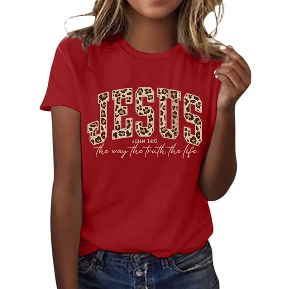 LINGLANG Women's Religious Jesus Print T-Shirt Summer Fashion Casual Crewneck Top Christian Faith Graphic Tee for Ladies Soft Breathable Daily Wear