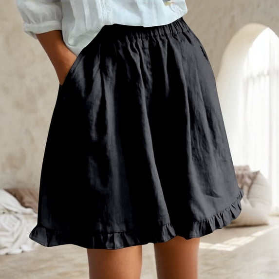 LINGLANG Women's Ruffle Hem Wide Leg Shorts Summer Retro Lace Elastic Waist Shorts with Pockets Comfortable Fashionable Casual Beach Wear