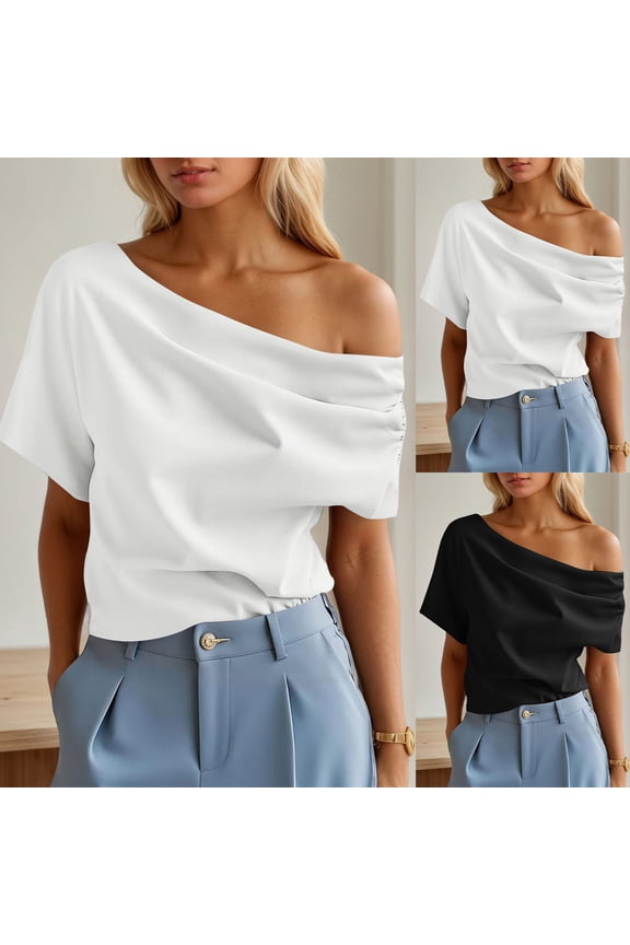 Women's Ruffle Sleeve Asymmetric Top Summer Slim Fit Ruched Designer T-Shirt Fashionable Solid Color Crewneck Blouse