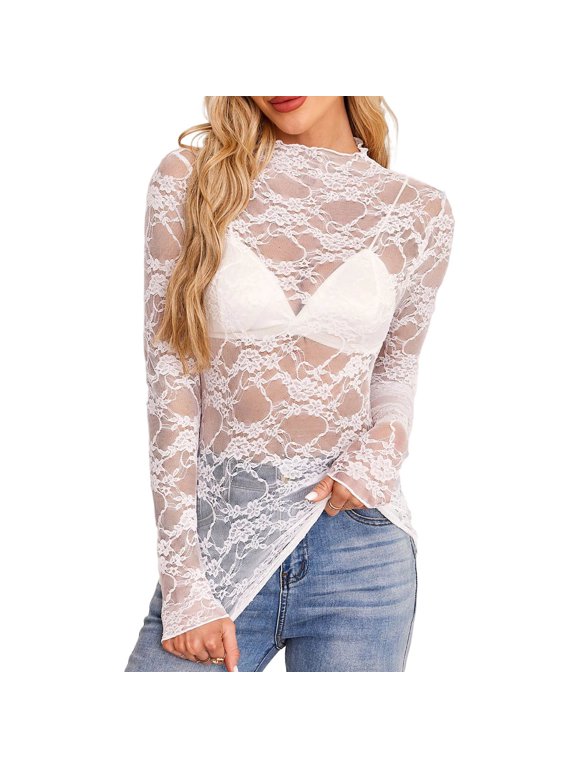 Women's Sheer Mesh Top Long Sleeve Lace Underwear Base Layer Slim Fit Crewneck T-Shirt Sexy See Through Blouse Shirt Outerwear