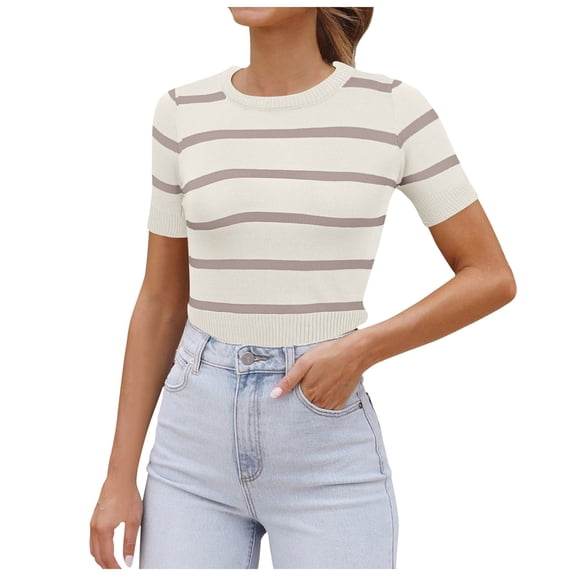 LINGLANG Women's Short Sleeve Crewneck Striped T Shirt 2026 Summer Ribbed Knit Slim Fit Casual Basic Tee Tops