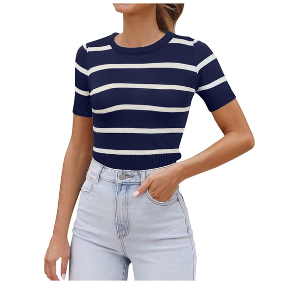 LINGLANG Women's Short Sleeve Crewneck Striped T Shirt 2026 Summer Ribbed Knit Slim Fit Casual Basic Tee Tops
