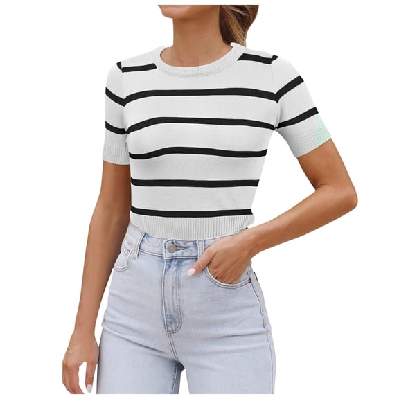 LINGLANG Women's Short Sleeve Crewneck Striped T Shirt 2026 Summer Ribbed Knit Slim Fit Casual Basic Tee Tops
