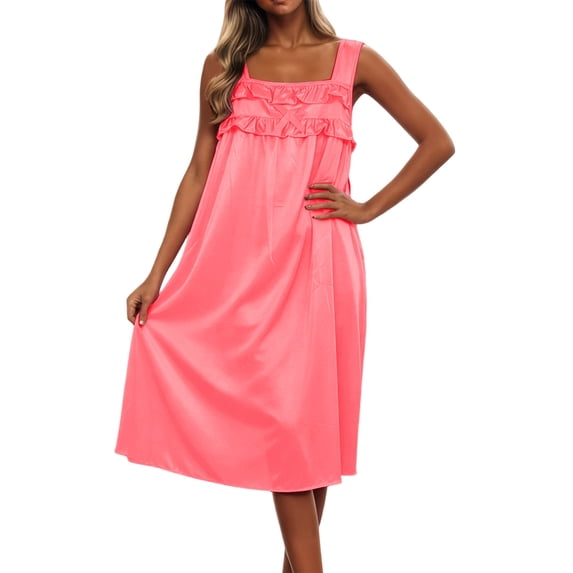 LINGLANG Women's Sleeveless Ice Silk Nightgown Solid Color Loose Midi Sleepshirt Lace Trim Satin Camisole Pajama Dress Loungewear Sleepwear