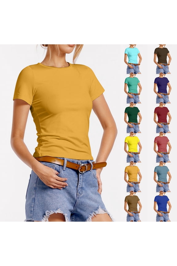 Women's Slim Fit Short Sleeve T-Shirt Basic Hot Girl Base Layer Solid Color Stretchy Summer Tee Trendy Bodycon Streetwear Top