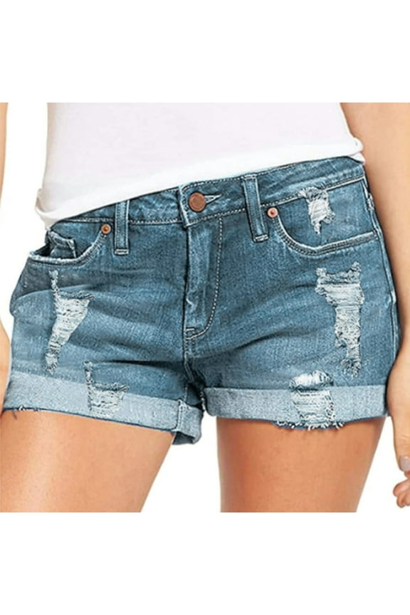 Women's Stretch Ripped Hem Denim Shorts Distressed High Waisted Jean Shorts Frayed Edge Casual Summer Denim Bottoms With Pockets