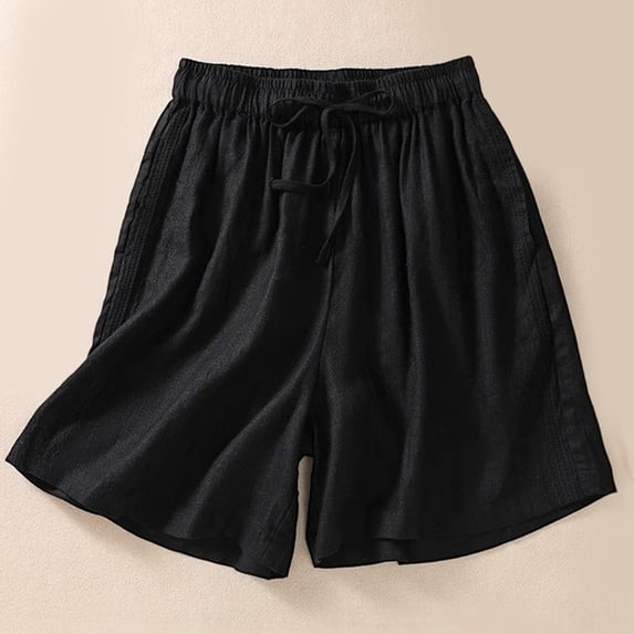 LINGLANG Women's Summer Linen Bohemian Shorts, High Waist Wide Leg Retro Loose Fit Shorts, Elastic Waistband Drawstring 5-Inch Inseam Shorts