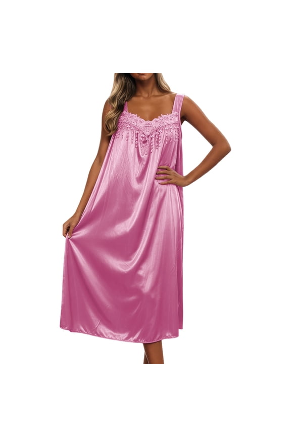 Women's Summer Sleeveless Ice Silk Nightgown Lace Trim Loose Fit Satin Sleep Dress One Piece Loungewear Comfortable Pajamas Shirt