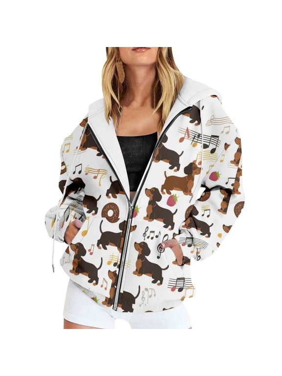 Women's Zip Up Hoodie Graphic Print Long Sleeve Loose Casual Sweatshirt Outerwear Jacket Tops with Pockets Fashion Clothes