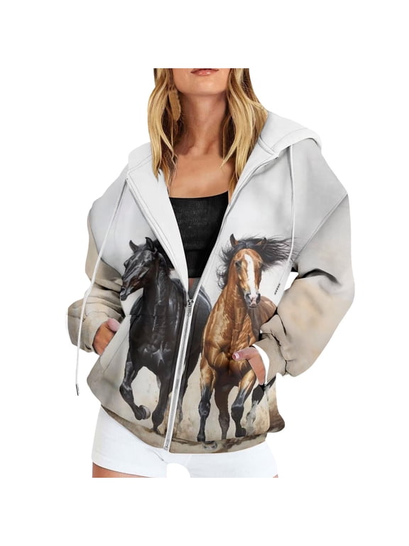 Women's Zip Up Hoodie Horse Equestrian Graphic Print Long Sleeve Loose Sweatshirt Outerwear Jacket Tops with Pocket Apparel