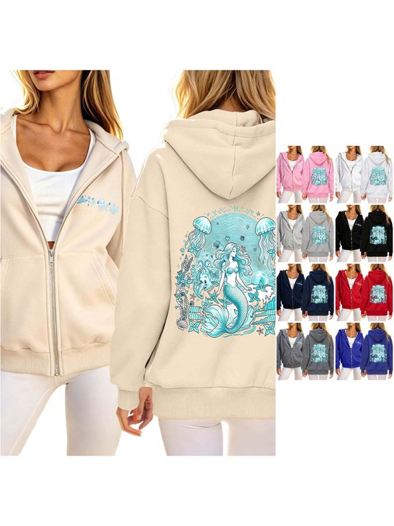 Women's Zip Up Hoodie Palm Tree Graphic Print Long Sleeve Casual Loose Sweatshirt Jacket Tops Outerwear Clothes Beach Vibe