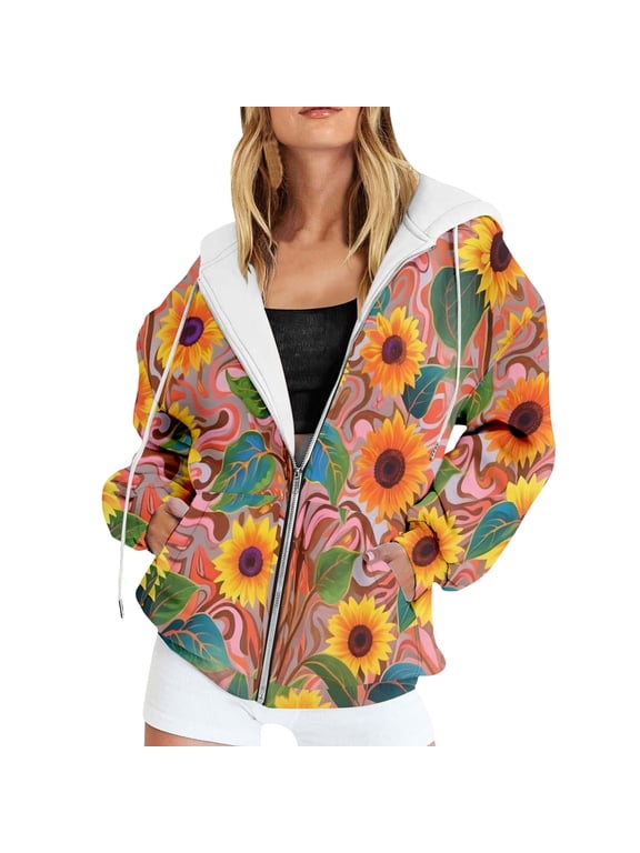 Women's Zip Up Hoodie Sunflower Floral Graphic Print Long Sleeve Casual Loose Sweatshirt Outerwear Jacket Tops with Pockets