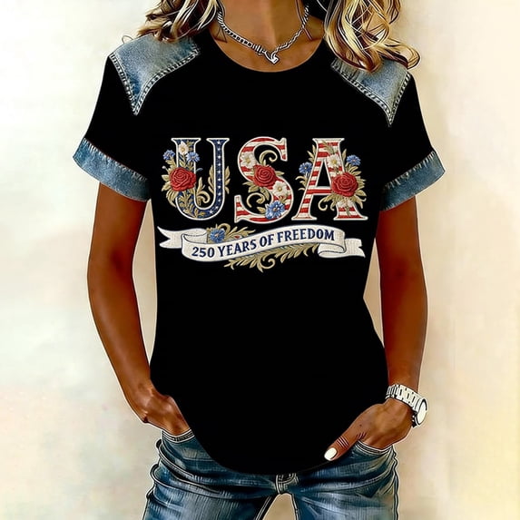 LINGLANG Womens 4th of July Shirt, Color Block Summer Crewneck Short Sleeve Patriotic Tee American Flag 250th Anniversary USA Graphic T-Shirts Loose Fit