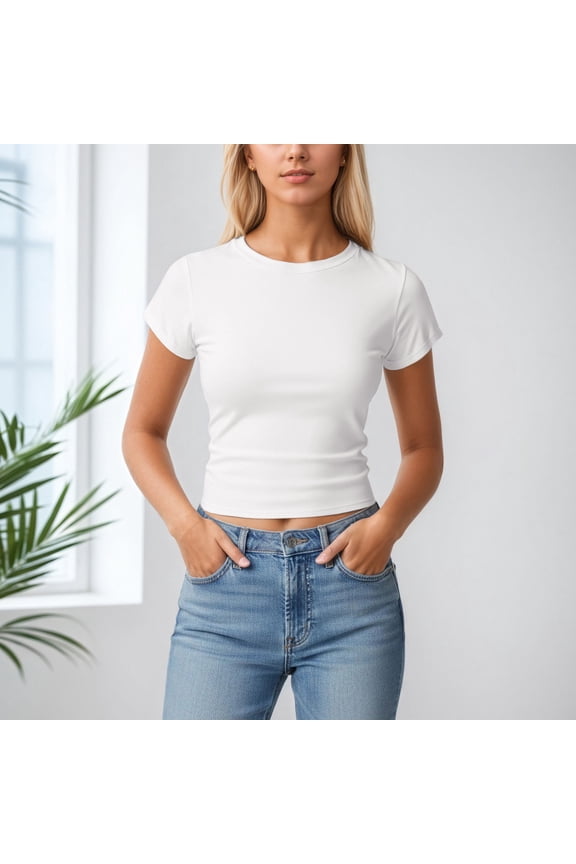Womens Basic Short Sleeve Crew Neck T Shirt Slim Fit Tees Summer 2026 Y2k Going Out Fitted Top Cute Tight Shirts