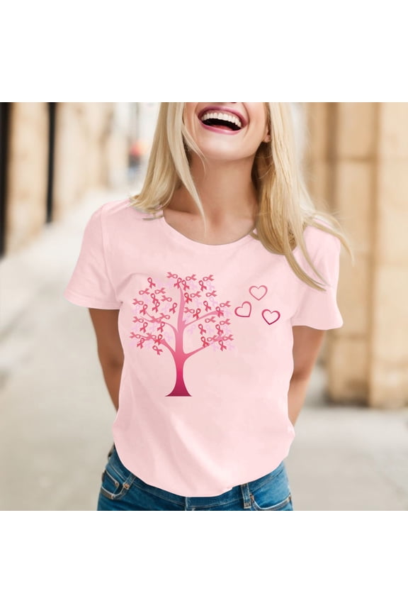 Womens Cancer Awareness Ribbon Tree Shirt Hope Heart Graphic Crewneck Short Sleeve Tee Supporter Gift Top