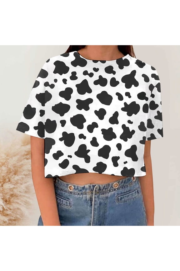 Womens Cow Print Crop Top Round Neck Short Sleeve T-Shirt Trendy Animal Pattern Streetwear Cute Summer Fashion Clothes