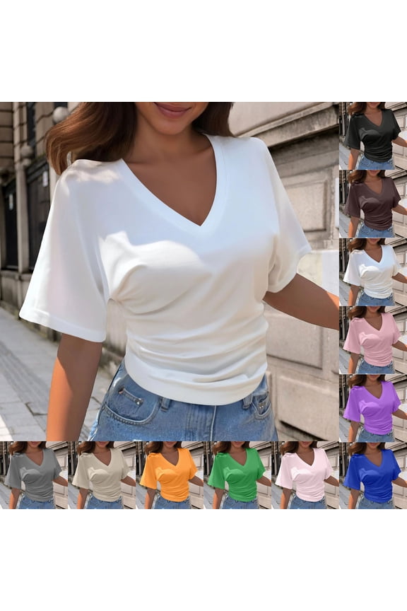 Womens Designer V-Neck Pullover Shirt Summer Loose Fit Solid Color Tee Casual Short Sleeve Blouse Modern Minimalist Style Ladies Tops