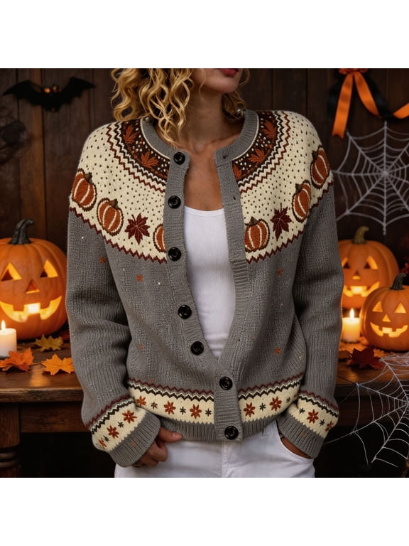 Womens Fall Cardigan Sweater Pumpkin Fair Isle Print Knit Jacket Button Front Long Sleeve Top Halloween Fashion Outerwear