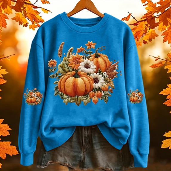LINGLANG Womens Fall Pumpkin Sweatshirt Harvest Floral Graphic Shirt Crewneck Pullover Top Long Sleeve Fall Thanksgiving Halloween Clothing