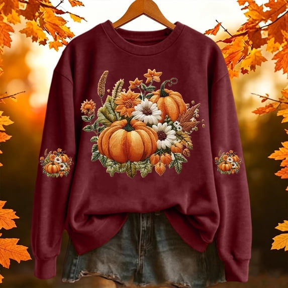 LINGLANG Womens Fall Pumpkin Sweatshirt Harvest Floral Graphic Shirt Crewneck Pullover Top Long Sleeve Fall Thanksgiving Halloween Clothing