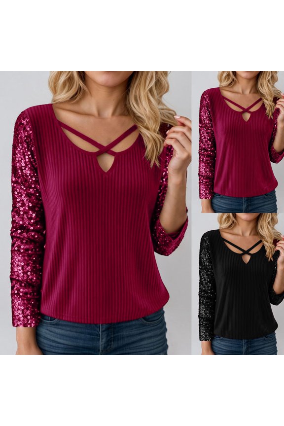 Womens Fashion Long Sleeve V-Neck T-Shirt Sparkling Sequin Patchwork Yoke Blouse Casual Shimmering Pullover Top for Daily Wear and Festivities