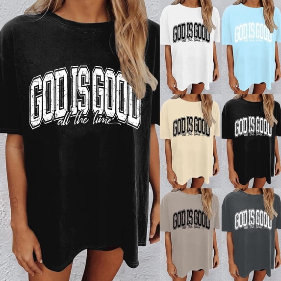 LINGLANG Womens "God is Good All The Time" T-Shirt Plus Size Loose Fit Drop Shoulder Short Sleeve Tee Christian Faith Religious Graphic Top