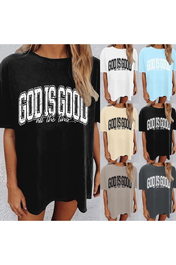 Womens "God is Good All The Time" T-Shirt Plus Size Loose Fit Drop Shoulder Short Sleeve Tee Christian Faith Religious Graphic Top