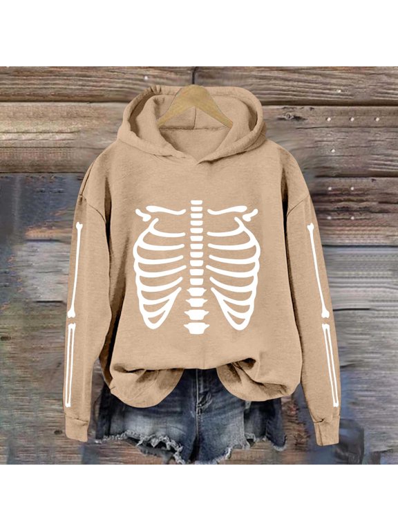 Womens Halloween Skeleton Hoodie Rib Cage Graphic Hooded Sweatshirt Long Sleeve Pullover Top Gothic Fashion Clothing