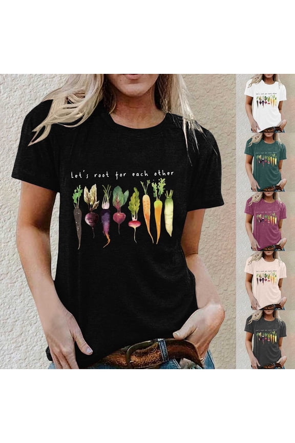 Womens "Let's Root For Each Other" T-Shirt Vegetable Letter Print Loose Crewneck Short Sleeve Tee Motivational Positive Vibes Graphic Top