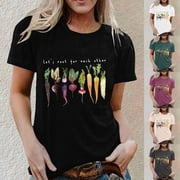 LINGLANG Womens "Lets Root For Each Other" T-Shirt Vegetable Letter Print Loose Crewneck Short Sleeve Tee Motivational Positive Vibes Graphic Top