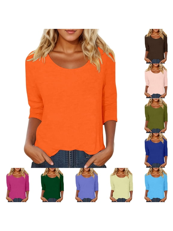 Womens Low Scoop Neck Tops 3/4 Length Sleeve T-Shirts 2026 Summer Casual Solid Color Basic Tee Dressy Blouses Trendy Fashion Clothes