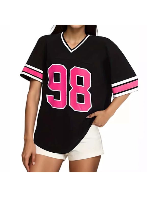 Womens Oversized Varsity Number 98 Tee Stripe V Neck Short Sleeve Football Loose Fit Sporty Top