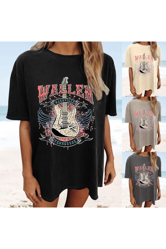 Womens Plus Size "Wallen" Guitar T-Shirt Country Music Retro Loose Fit Crewneck Graphic Tee Vintage Concert Style Summer Fashion Top