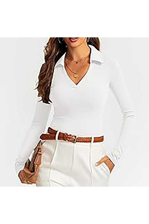 Womens Polo Shirts Long Sleeve Business Casual Tops Collared V Neck Ribbed Knit Sweater Slim Fit Blouses