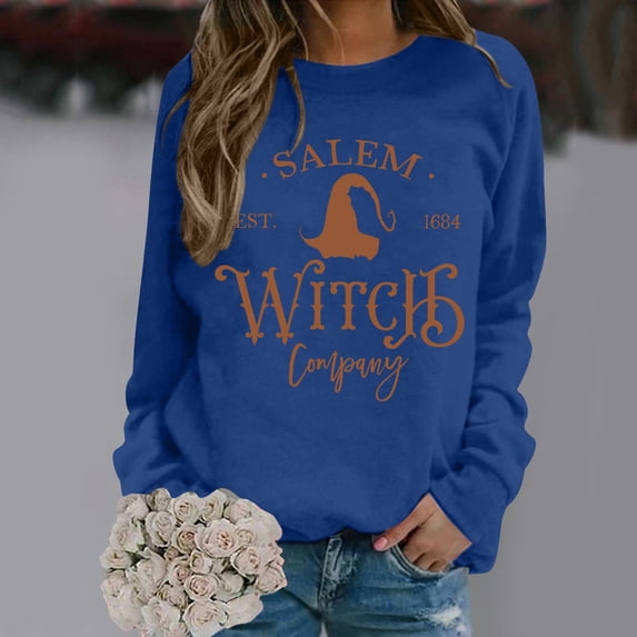 LINGLANG Womens Salem Witch Sweatshirt Halloween Letter Graphic Shirt Crewneck Pullover Top Long Sleeve Vintage Witchy Fashion Clothing
