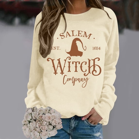 LINGLANG Womens Salem Witch Sweatshirt Halloween Letter Graphic Shirt Crewneck Pullover Top Long Sleeve Vintage Witchy Fashion Clothing