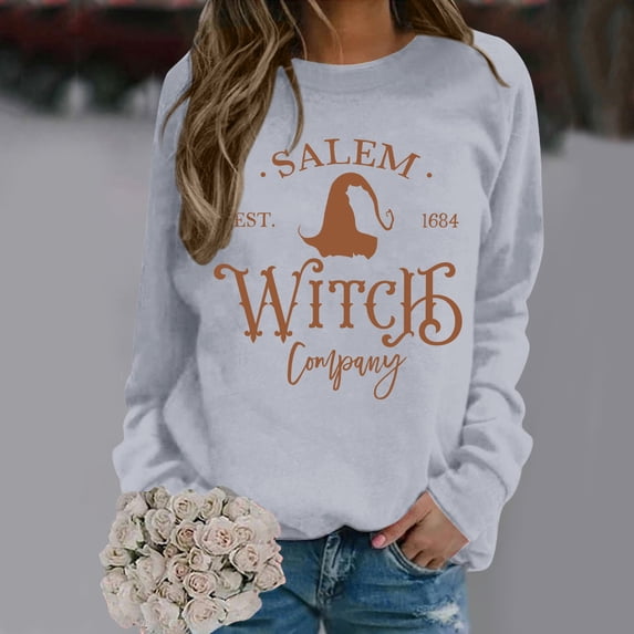 LINGLANG Womens Salem Witch Sweatshirt Halloween Letter Graphic Shirt Crewneck Pullover Top Long Sleeve Vintage Witchy Fashion Clothing
