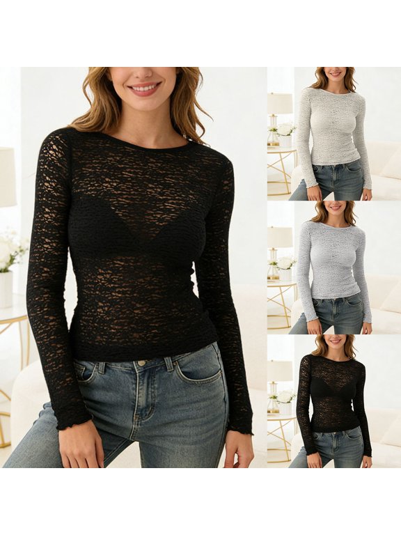 Womens See Through Crew Neck T-Shirt Fashion Long Sleeve Sheer Mesh Top Slim Fit Layering Base Layer Trendy Y2K Clubwear Tee