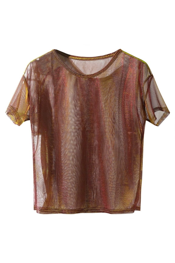 Womens See Through Shirts Short Sleeve Sexy Mesh Metallic Shiny Tops Sheer Mesh Tops T Shirt Blouse