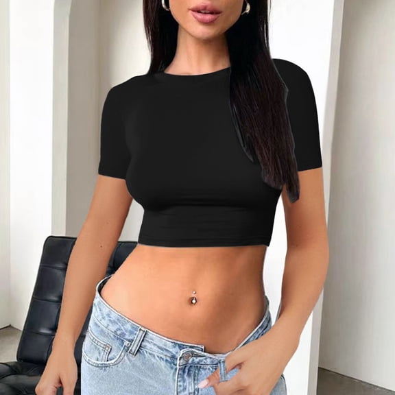 LINGLANG Womens Short Sleeve T Shirts Summer Crop Tops Basic Slim Fit Gym Workout Y2k Clothes