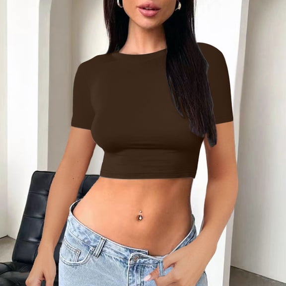 LINGLANG Womens Short Sleeve T Shirts Summer Crop Tops Basic Slim Fit Gym Workout Y2k Clothes