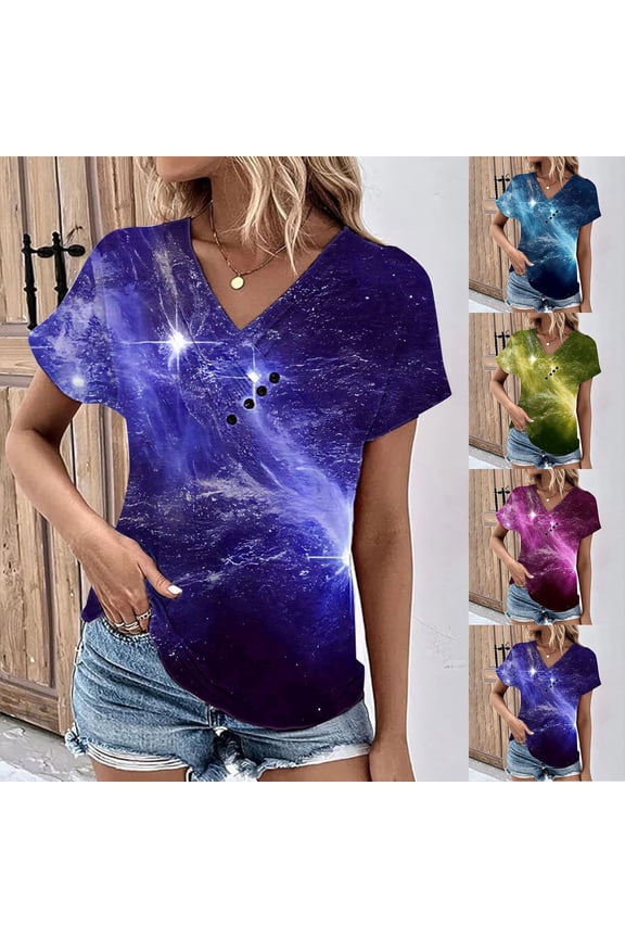 Womens Starry Sky Graphic T-Shirt V-Neck Short Sleeve Celestial Print Tee Summer Casual Night Galaxy Theme Top Soft Lightweight Fashion Clothes