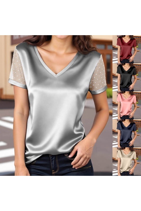 Womens Summer Mesh Patchwork V-Neck T-Shirt Fashion Short Sleeve Basic Top Trendy 2026 Sheer Yoke Blouse Casual Solid Color Tee