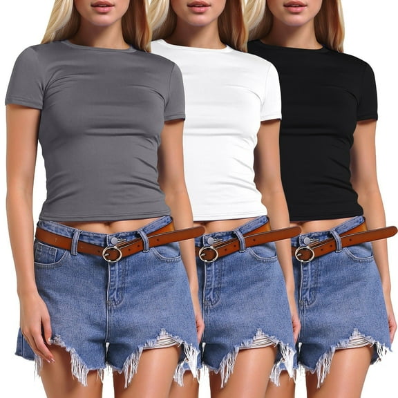 LINGLANG Womens Summer Tops Dressy Casual 3 Piece Short Sleeve Shirts Basic Going Out Tops Slim Fit Crop Tops Tshirts Shirts